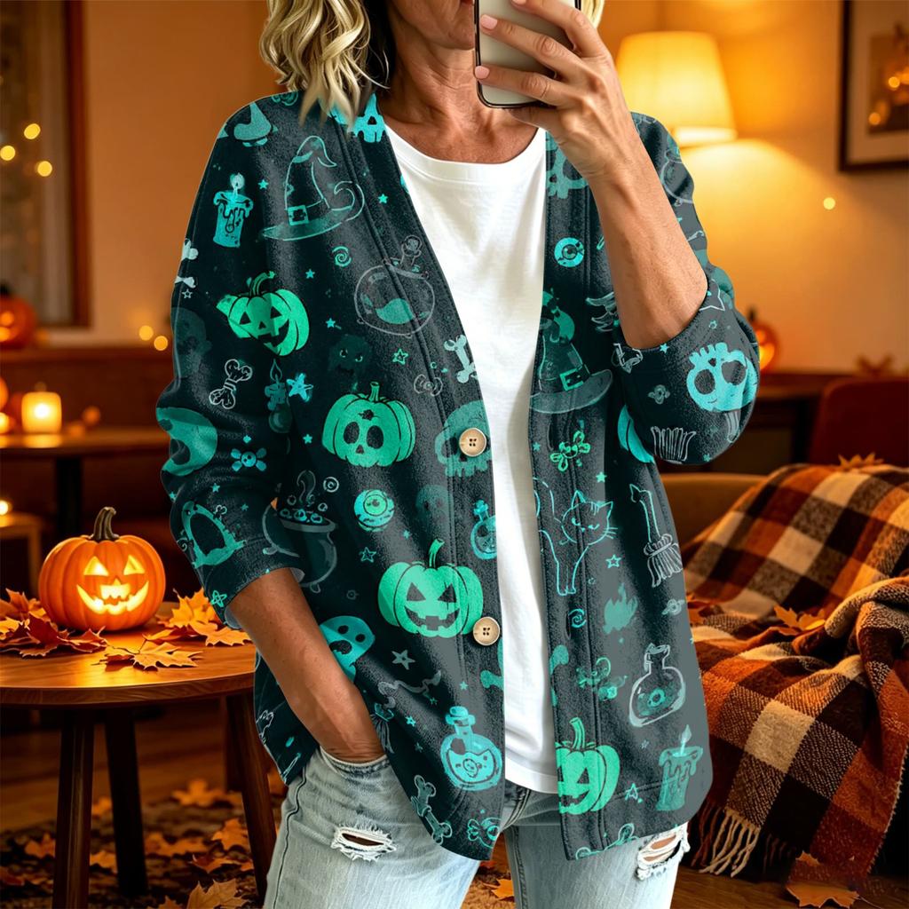 Women's Casual Long Sleeve Jacket with Halloween Print for Party Costume and Everyday Wear