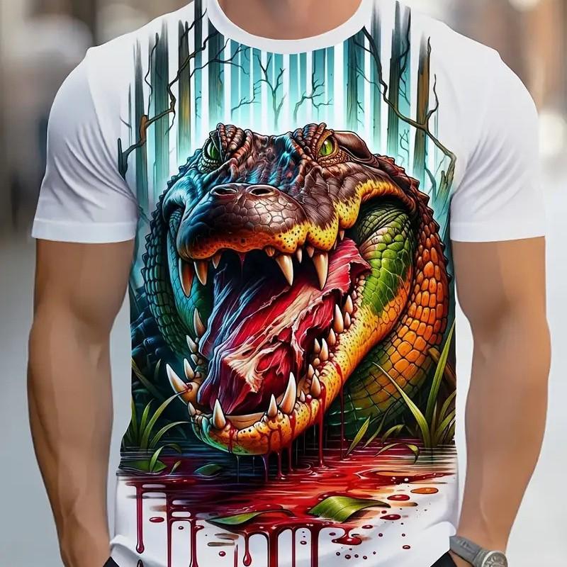 Summer Round Neck 3D Crocodile Print Top Fashionable Casual Personality Terrifying Short Sleeved Men's T-shirts
