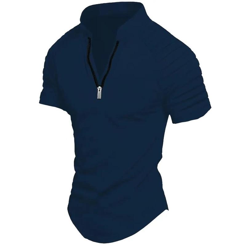 Men's POLO Shirt Spring Sports Solid Color Standing Collar Pleated Zipper Breathable Casual Summer Fashion Top Short Sleeve