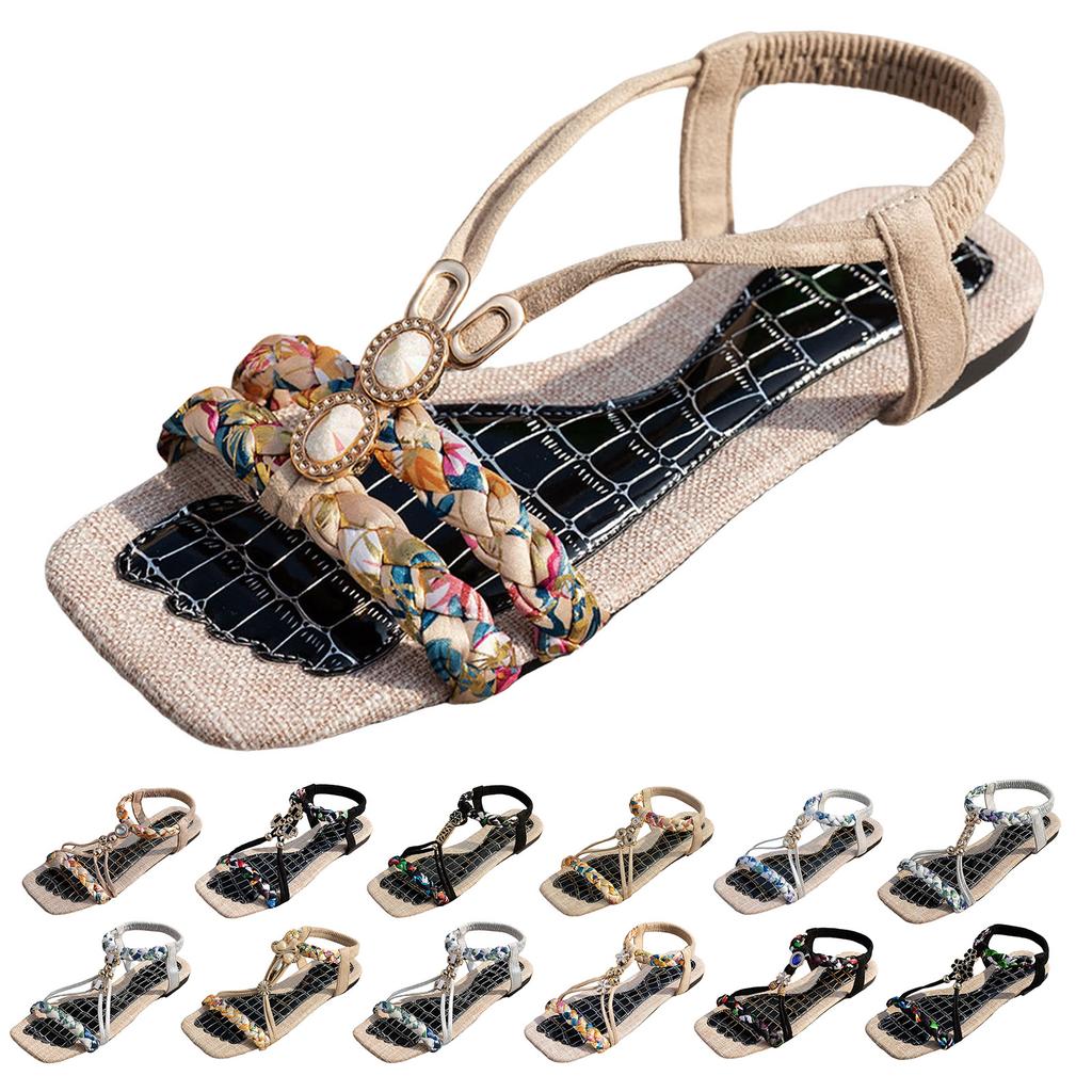 Bohemian Women'S Braided Hollow Shoes Thin Bottom Rhinestone Supportive Shoes For Women Sandals Bow Tie Sandals For Women Size 5