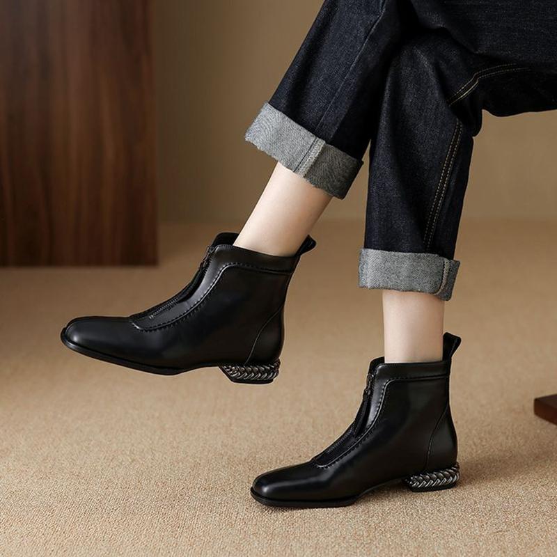 Fashion NEW Autumn/Winter Women Boots Square Toe Chunky Heel Shoes Split Leather Shoes for Women Zipper Ankle Boots Black Modern Boots