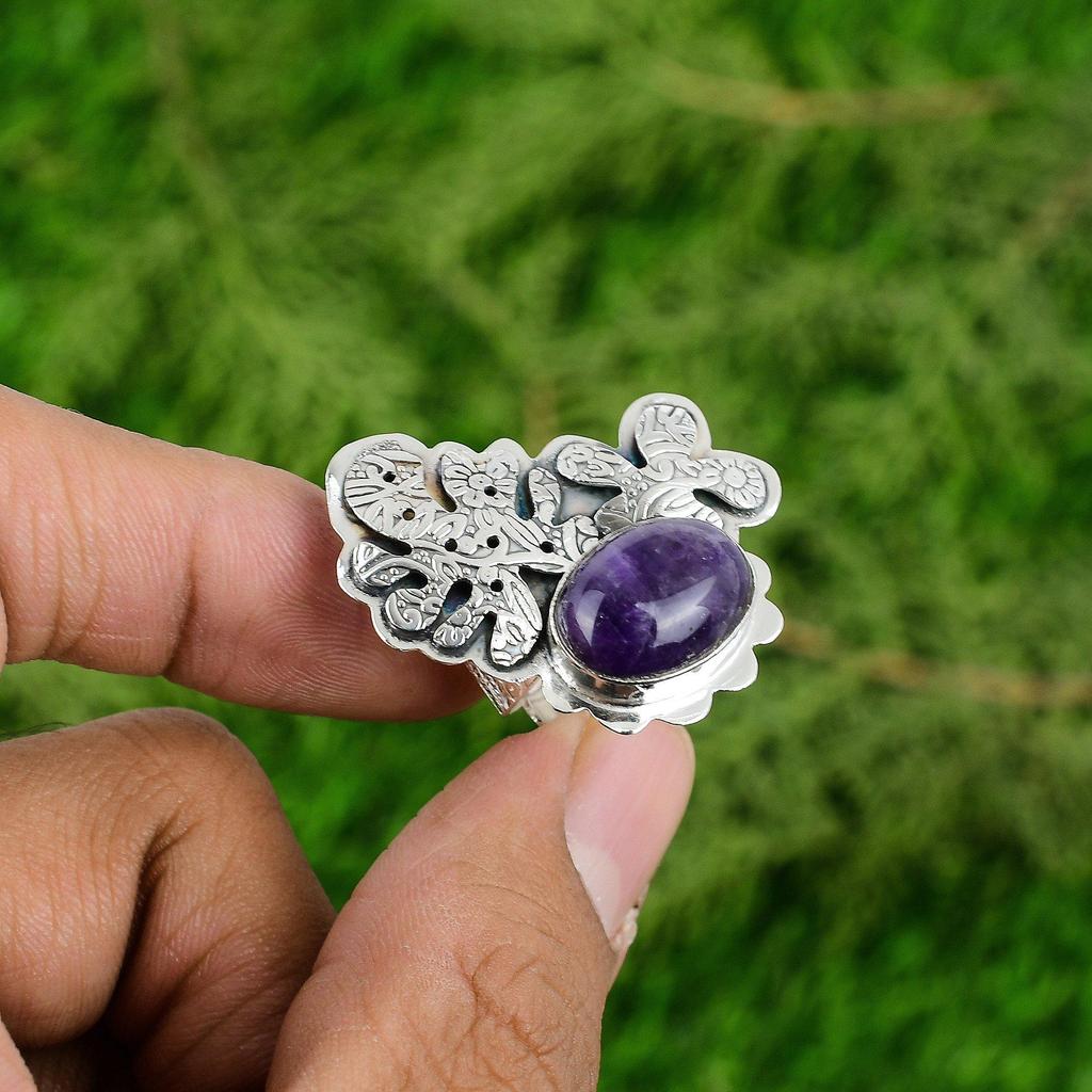 Womens day Sale 925 Silver Crown Chakra Natural Chevron Amethyst Stackable Ring
