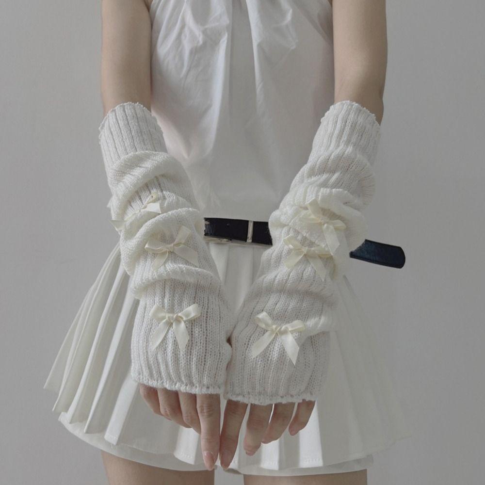 

Бантик Y2K Нарукавники Эластичные Теплые Рукава Уличная Одежда Бант Митенки Черные Готические white-white bow