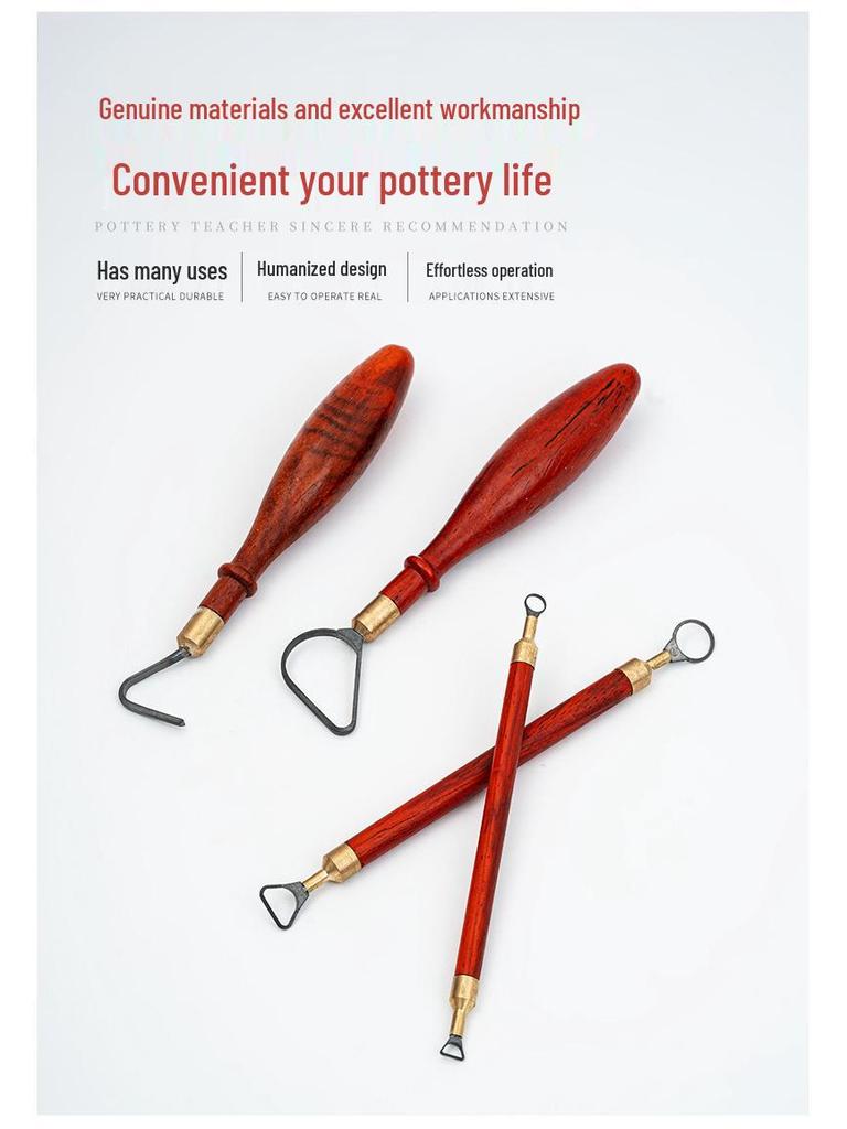 Water Meteor Pottery Tools: Red Pear Wood & Tungsten Steel Texture Ring Knife - Double-Headed Clay Sculpting and Trimming Tool.