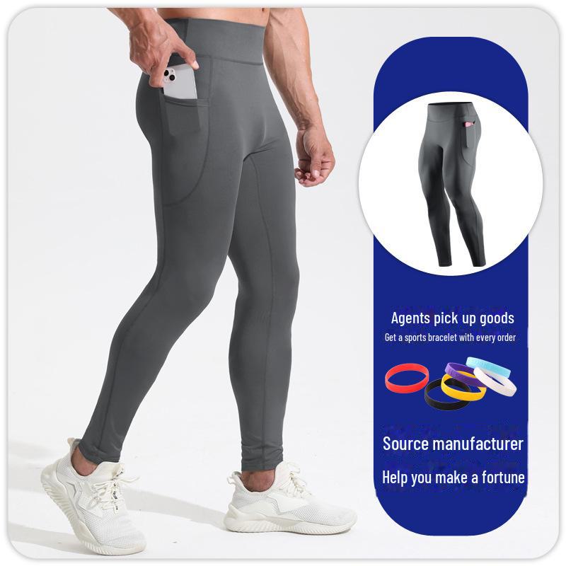 Pánské kompresní legíny s vysokým pasem - prodyšné, elastické, bezešvé fitness kalhoty s kapsami.