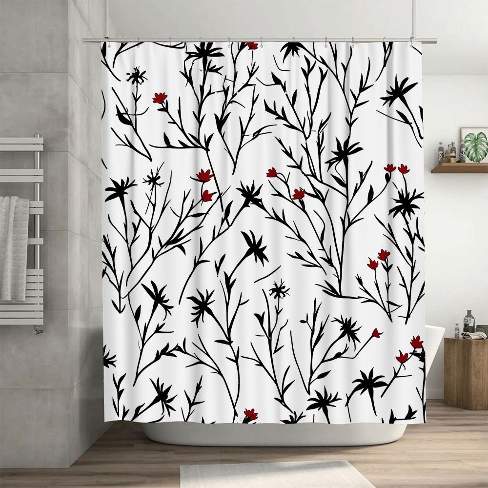 Modern Shower Curtain Black Red Floral Design Polyester Bathroom Decorative Waterproof Shower Panels for Home Decoration Size6