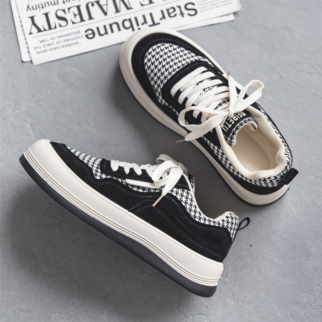 2025 Primavera Novo Calçado Pied de Poule Sapatos Pão Cabeça Grande Masculino Solado Grosso Casual Combina com Tudo Tênis Masculino