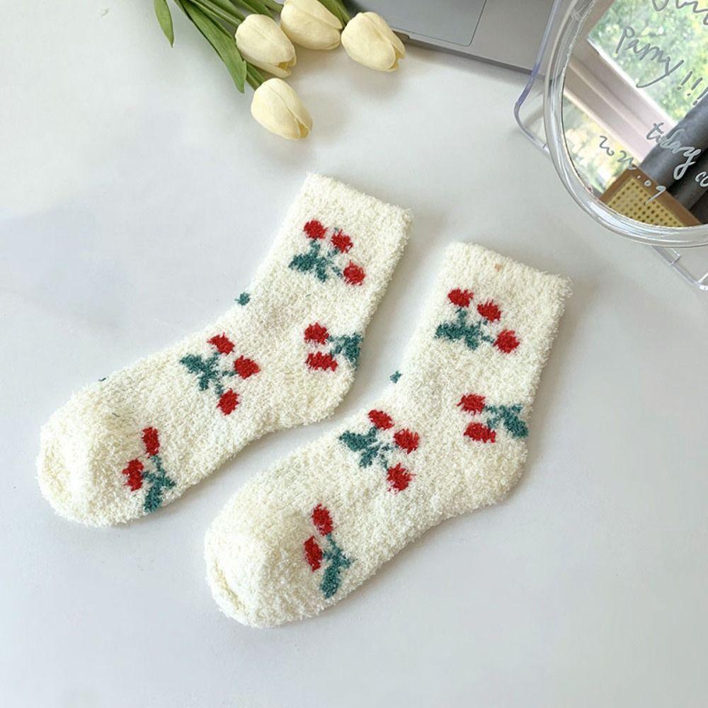 Flower Strawberry Coral Fleece Socks Winter Warm Socks Women Soft Floor Plush Socks Autumn