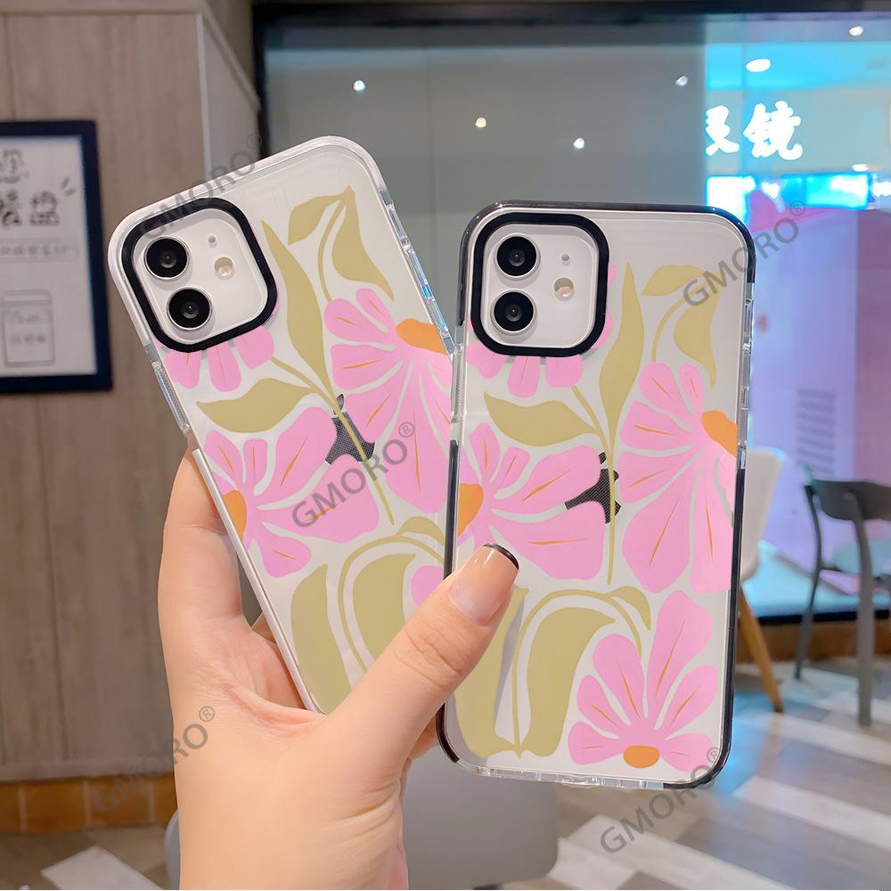 Spring Doodle Pink Flower Phone Case Suitable for iPhone 17 Full-Coverage Transparent Apple 16pm Women's Protective Case