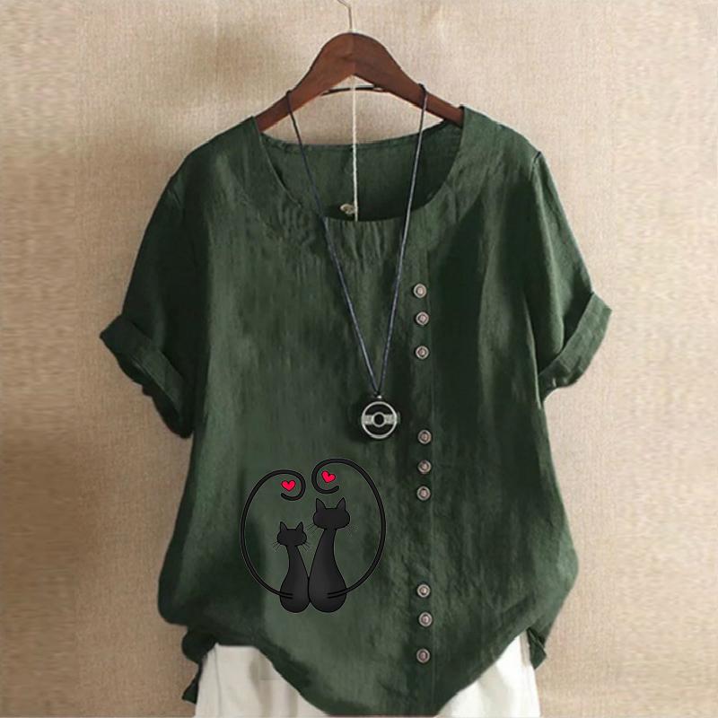 Damenmode Schwarze Katze bedrucktes Kurzarm-T-Shirt Locker Baumwollhemd Lässige lockere Sommerbluse Übergrößen-Tops