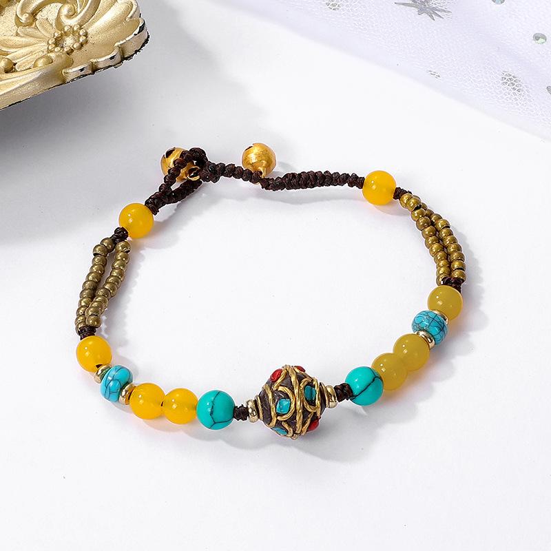 Ethnic Style Hand-woven Retro Color Beaded Bracelet Tibetan Pure Copper Bracelet Bell Antique Hand Rope Women's Jewelry