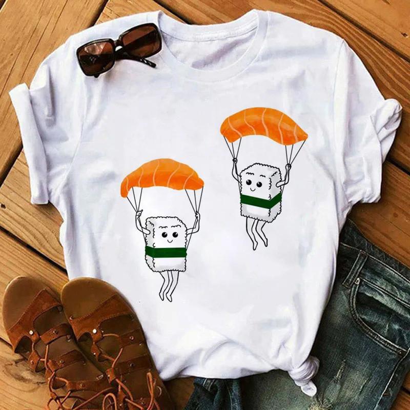 Cute Sushi hug Women T-shirts Summer black Short Sleeve T shirt girl femme O-Nock Kawaii Clothing Top tee Ladies Harajuku Tshirt