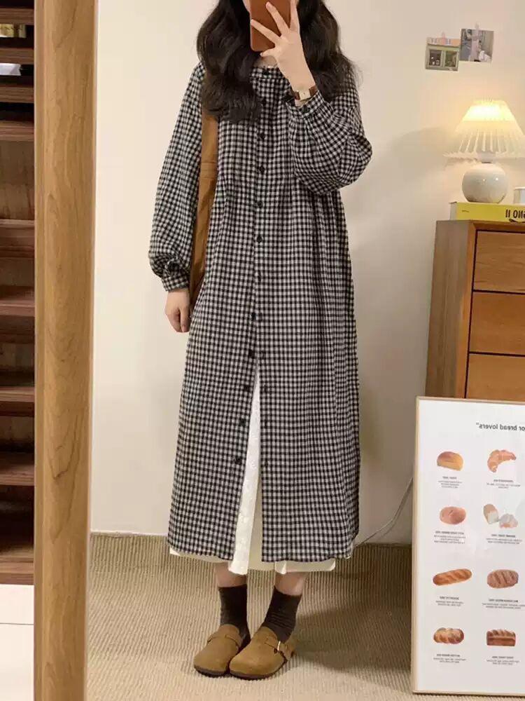 Retro plaid long-sleeved shirt skirt 2025 autumn stacking lazy style small temperament cotton and linen dress
