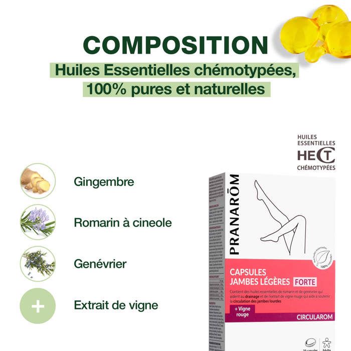 Capsules Forte Jambes Légères - Pranarom - Circularom - Vigne Rouge - 30 Unités