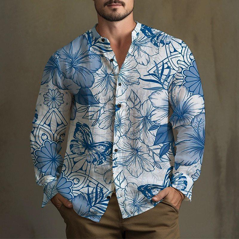 Tiger, Flower Pattern Long Sleeve Shirt Men's Spring and Autumn Trend Loose Casual Shirt Men's Autumn Clothing MB12