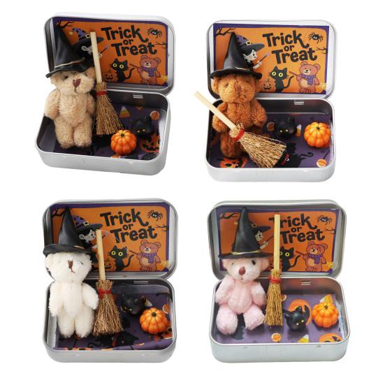 Halloween Bear In A Box Handmade Cute Witch Bear In A Tin for Trick or Treat Miniature Plush Bear with Broom Pumpkin Cat Halloween Party Gift