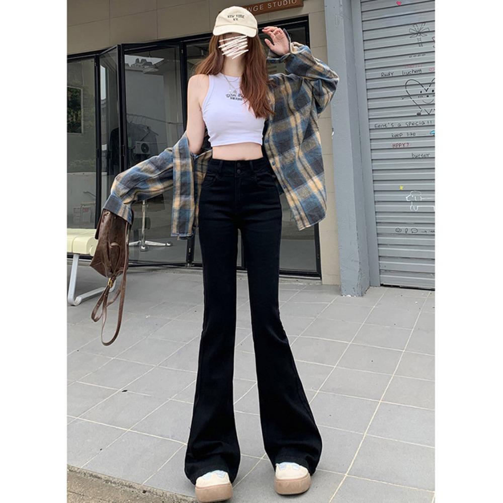 Frühling und Sommer neue Jeans Schlaghosen Damen elastisch und dünn Doppel-Schnalle Bauch vielseitig schmal Spice Girl Hosen ins