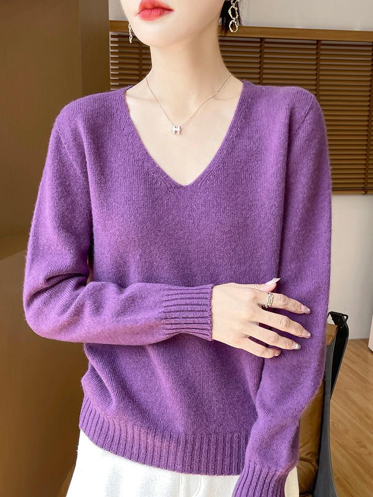 Women's V-Neck Wool Cashmere Sweater: Autumn/Winter Fashionable Long Sleeve Knit Pullover.