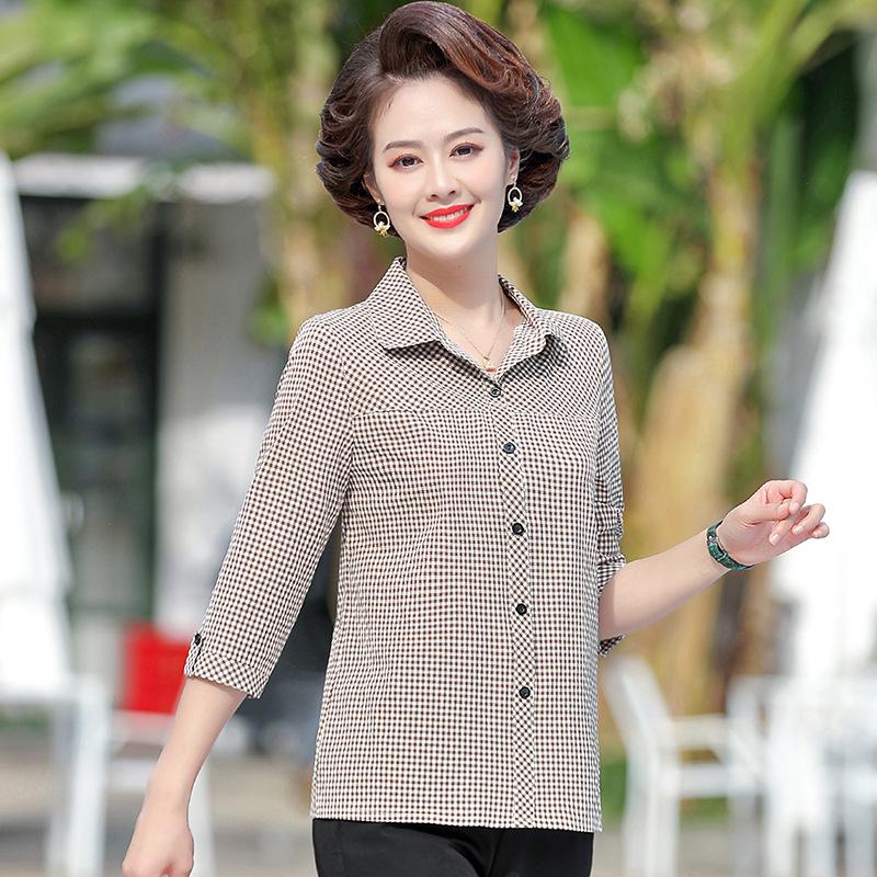 Lightweight Plaid Cotton Blouse for Mature Women, 3/4 Sleeves