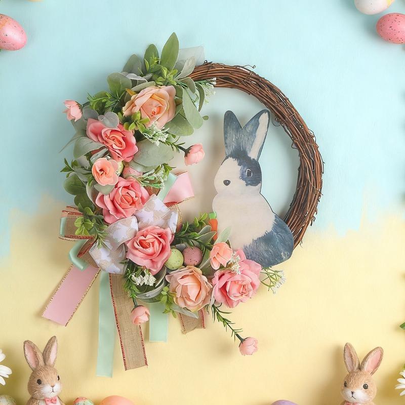 Easter Bunny Wreath With Ribbon | Artificial Plant Door Hanging Ornament for Home Party Decor, Polyester, Door Mount