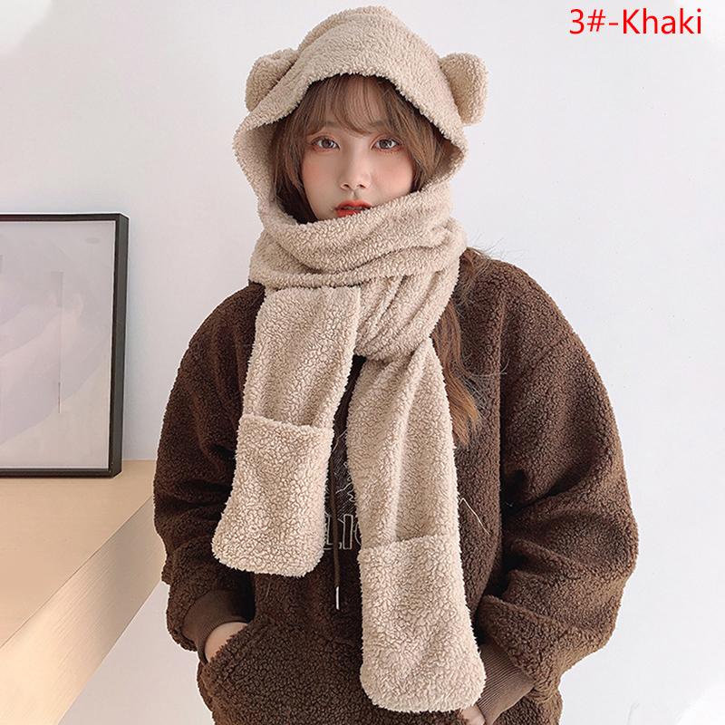 Süße Bär Ohr Hut Schal Handschuhe 3-in-1 Winter warme Kappe Frauen Winddichte Plüsch Hut