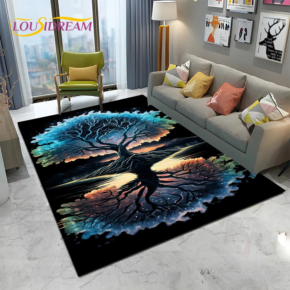 Přírodní strom života Viking Norse Yggdrasil Koberec pro domácí obývací pokoj Ložnice Pohovka Rohožka Dekor, Koberec pro děti Protiskluzová podložka