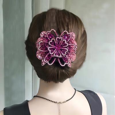 Shiny Rhinestone Hairpin Flower Spring Clips Elegant Pink Flower Hair Clip Barrettes for Women Hair Accessories Crystal Hairpin