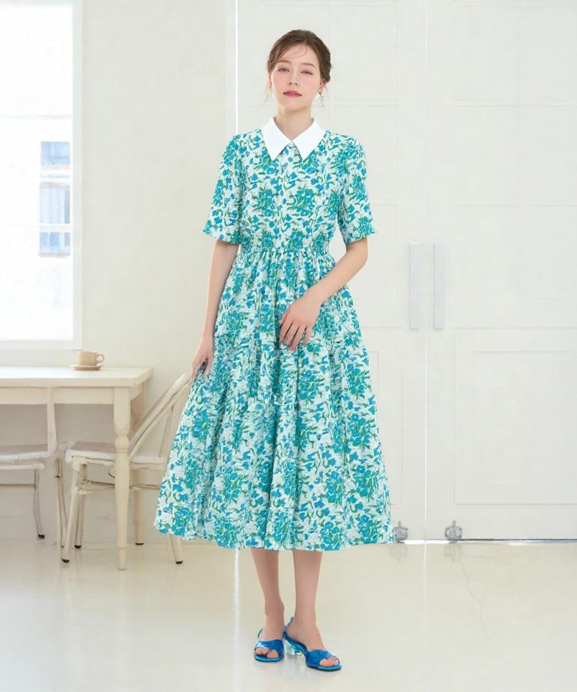 L By L Floral Green Blue Collared Dress