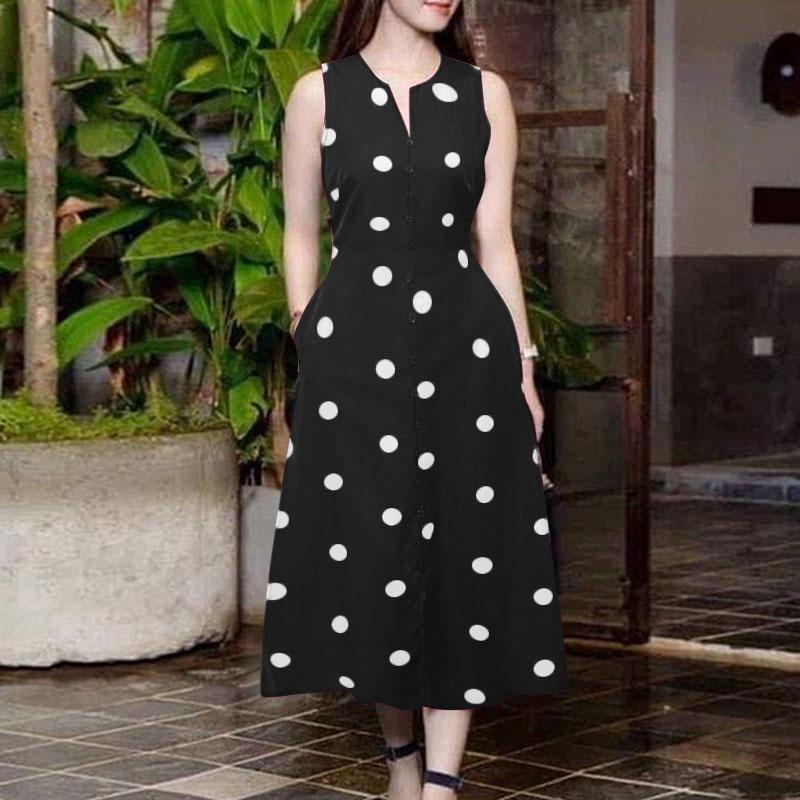ZANZEA Women Vacation Casual V-Neck Sleeveless Polka Dot A-Line Slit Dress