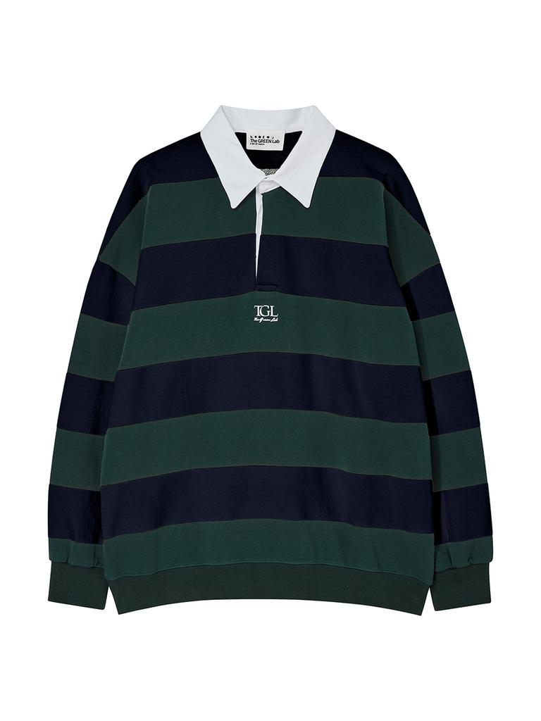 THE GREEN LAB Striped Rugby Collar Sweatshirt [Green/Navy]