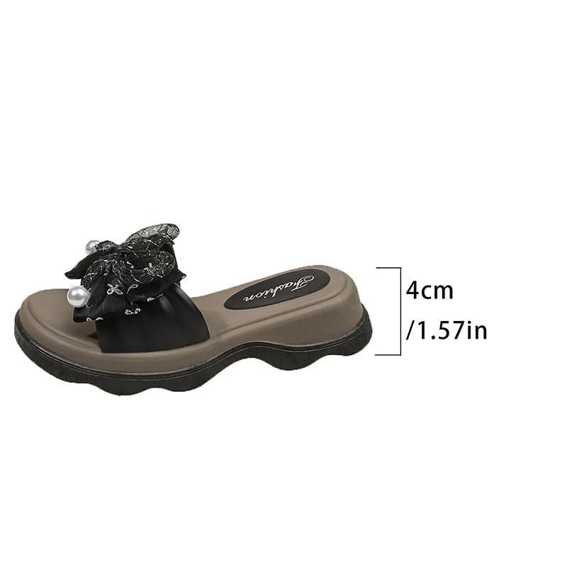 Fashion Stylish Mesh Bow Knot Thick Bottom Slides Women Mixed Color Med Heel Slippers Female New Pearl Decor Non Slip Sandals Mujer