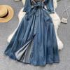 Hong Kong Style Retro Embroidered Denim Dress for Women