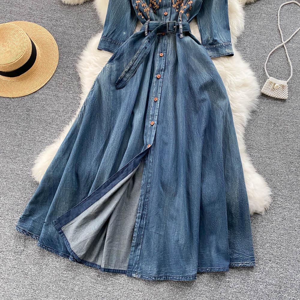 Hong Kong Style Retro Embroidered Denim Dress for Women