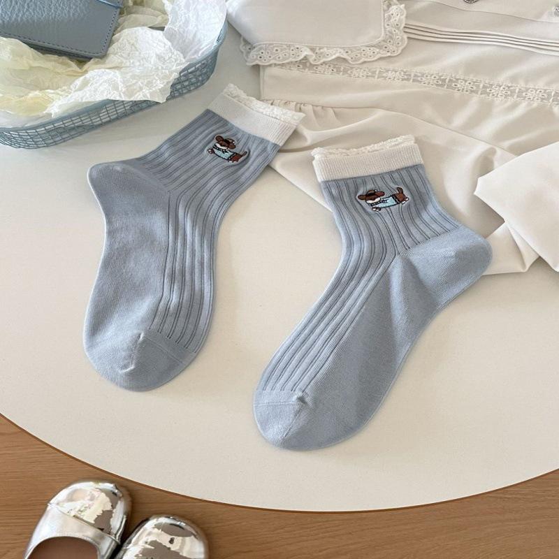 Women's Mid-Calf Japanese Cartoon Embroidery Socks, Spring/Autumn Style, Perfect Pair with Birkenstocks
