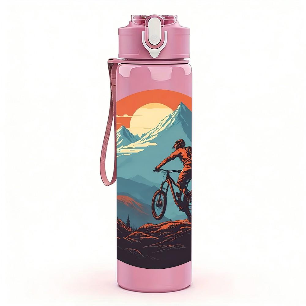1PC Mountain Biker Sunset Retro Print 750ml Color Plastic Sports Water Bottle Leakproof Flip Straw Lid Suitable for Sports Office Home Use