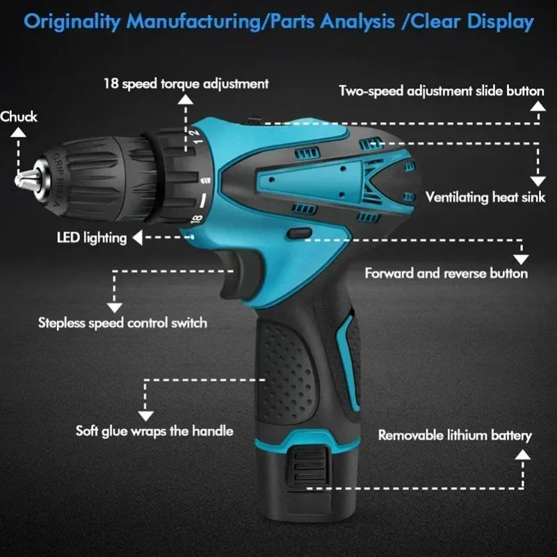 12V Cordless Impact Drill Electric Screwdriver Power Tool with 32N Torque Compact Automotive Handy Drill for Home DIY Projects