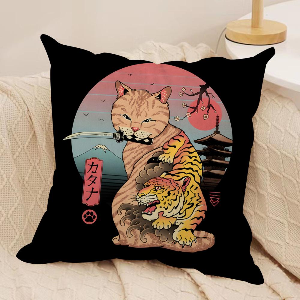 Japanese Style Samurai Cat Cushion Cover Silky Short Plush Invisible Zipper Dustproof Sofa Pillow Case for Home Decor