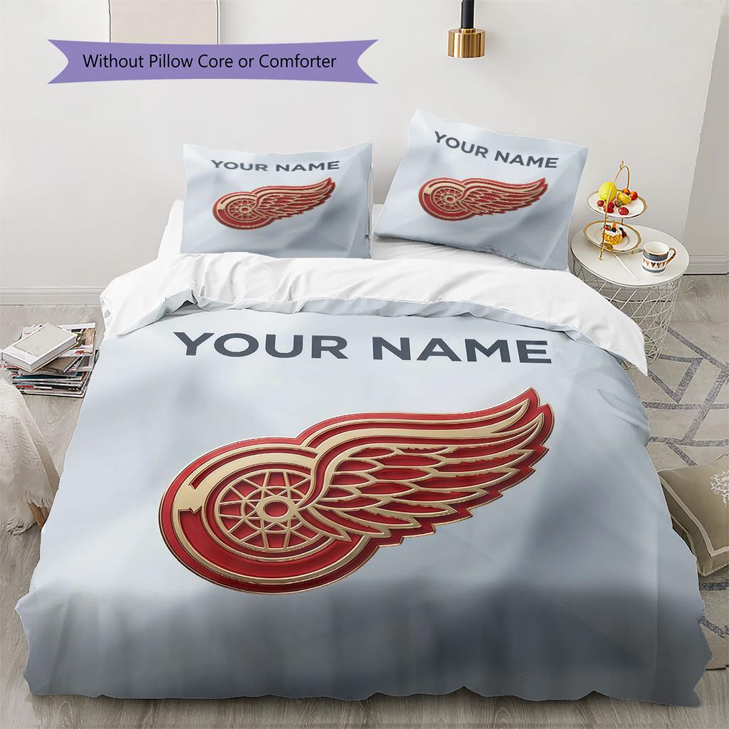 Custom Name,Detroit Red Wings Pattern Bedding Home Decoration Birthday Gift ( 1 Duvet Cover + 2 Pillowcase, Without Core),fan Merchandise.