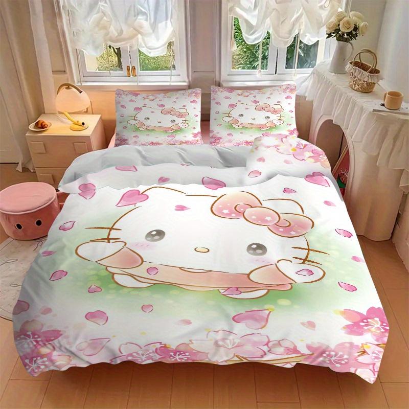 3pcs Petals Hello Kitty Quilt Cover Set (1 Quilt Cover + 2 Pillowcases Without Pillow Core), High-Definition Printing for Home and Dormitory.W075