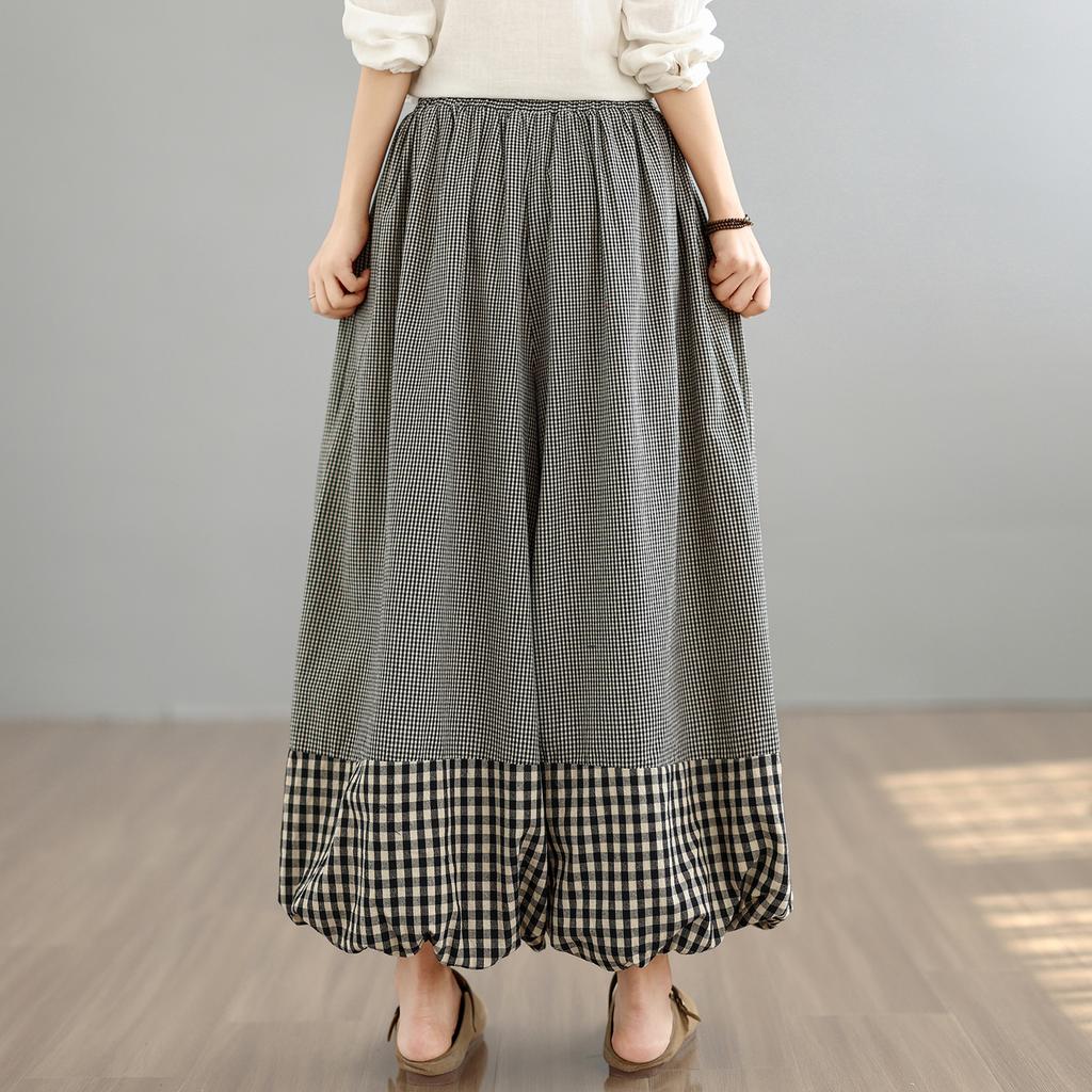 DIMANAF 2026 Summer Beach Plus Size Long Pants Women Plaid Black Elastic Waist Loose Vintage Casual Trousers Pants Print Bottoms