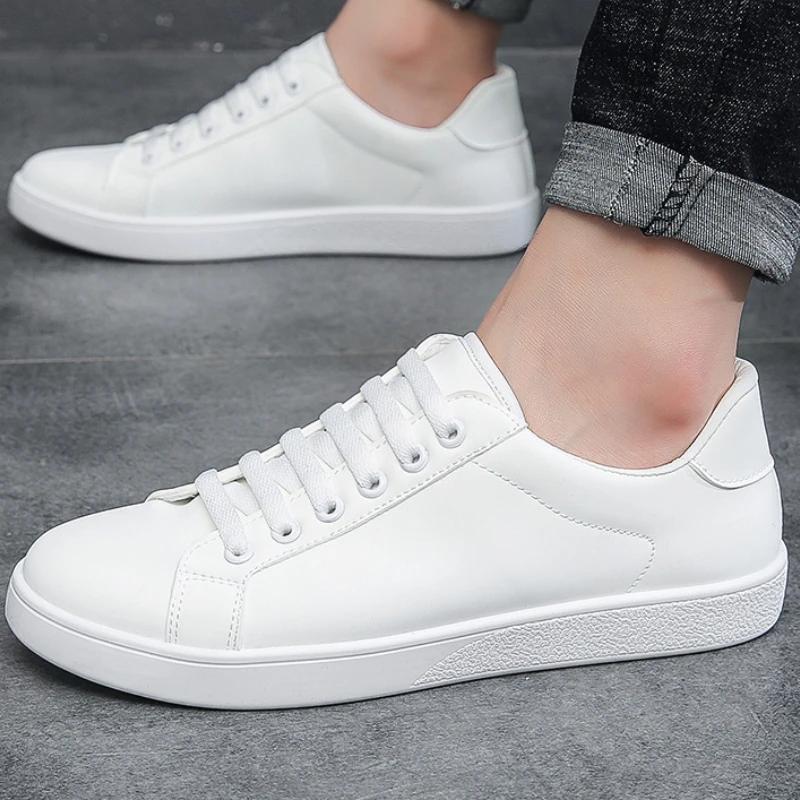 Men White Sneakers Spring Fashion Korean Style Round Head Lace Up Casual Outdoor Walking Flat Shoes