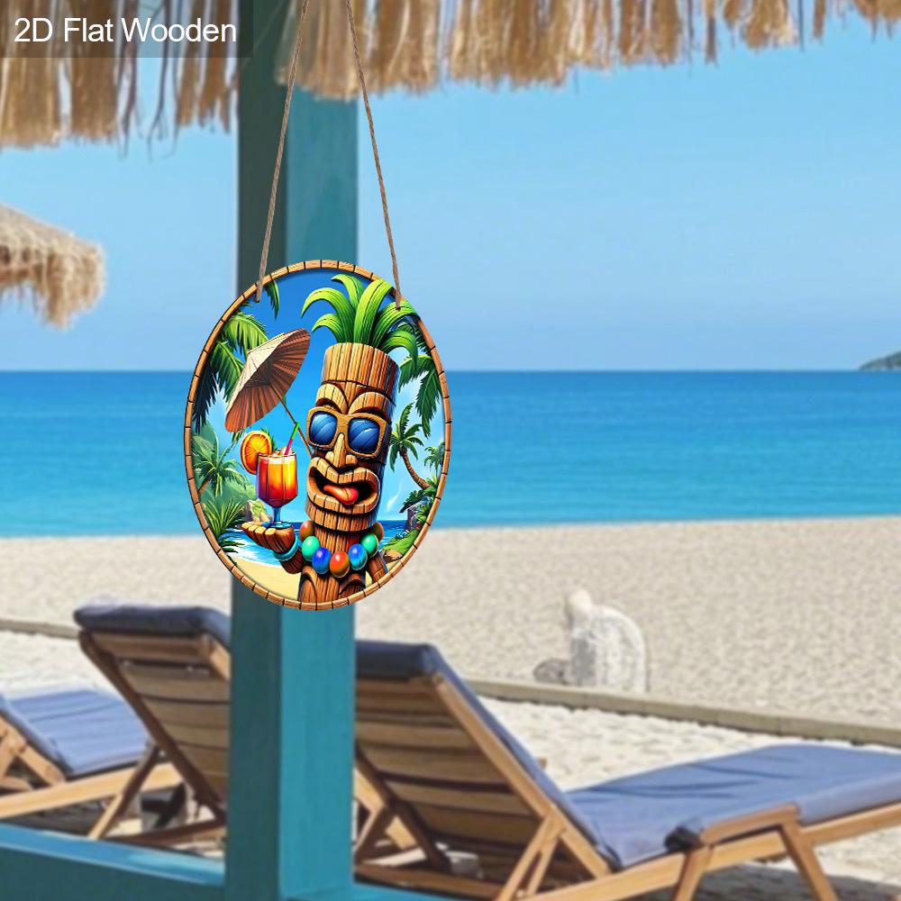 [2D Flat] 20cm Round Wooden Wall Hanging Decor - Tropical Beach Tiki Totem Design with Fruity Drink, Umbrella & Palm Trees, Funny Decor for Home