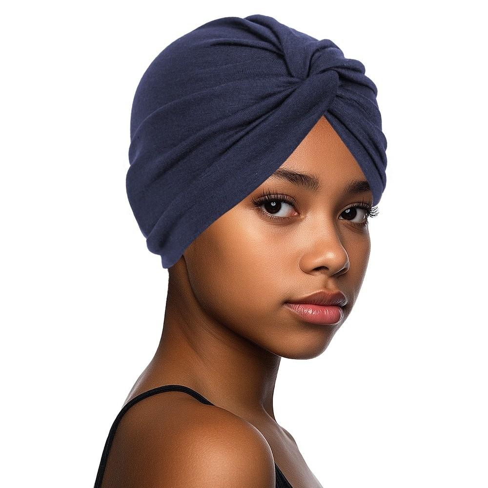 

Fashion Vintage Hijab Caps Wrap Style Elastic Twist Knot Turban Hat Soft Polyester Breathable Head Wrap Cap Women Headwear темно-синього кольору