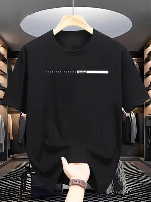 Men's Summer Cotton Casual Loose Big Letter Print Crew Neck Short Sleeve T-shirt, Street Style Neutral T-shirt.