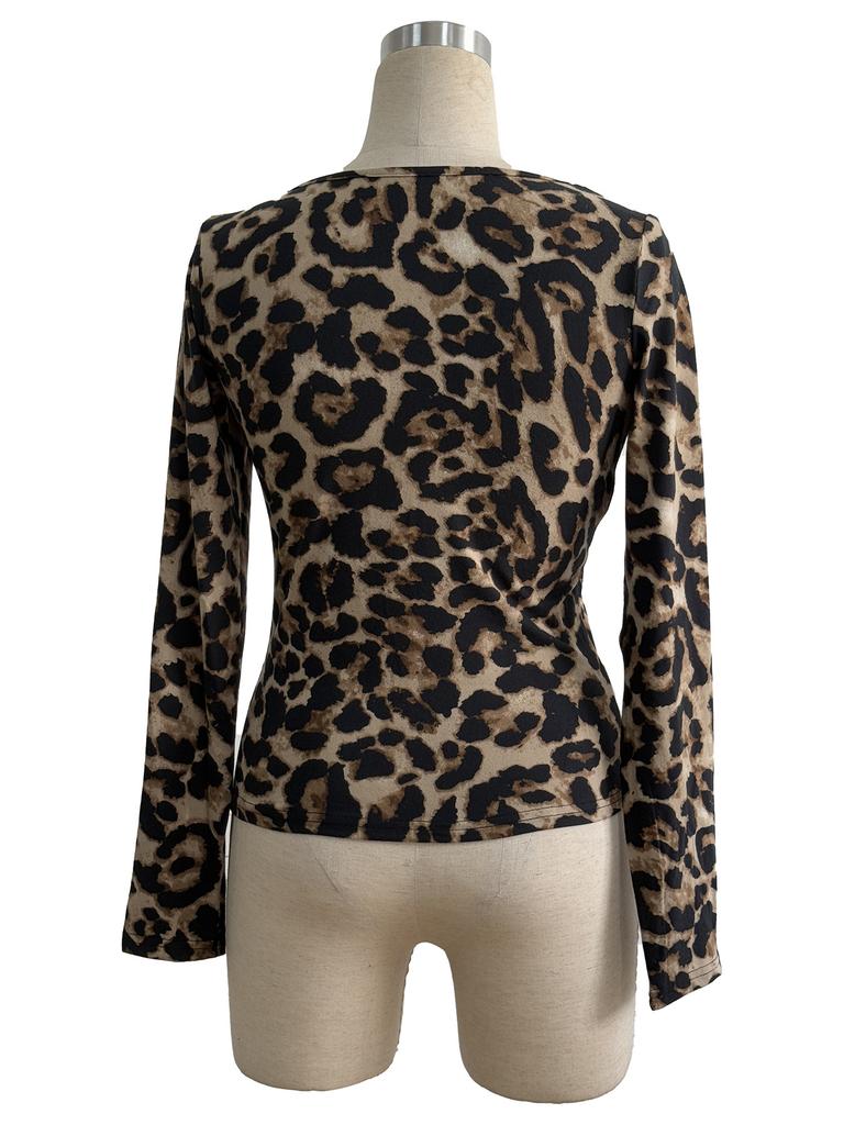 Herbst Damen Leopard Groß Rundhals Eng Langarm T-Shirt Top Damen Mode Täglich Basic Büro Dame Lässig Slim Fit Damen Elegantes Top