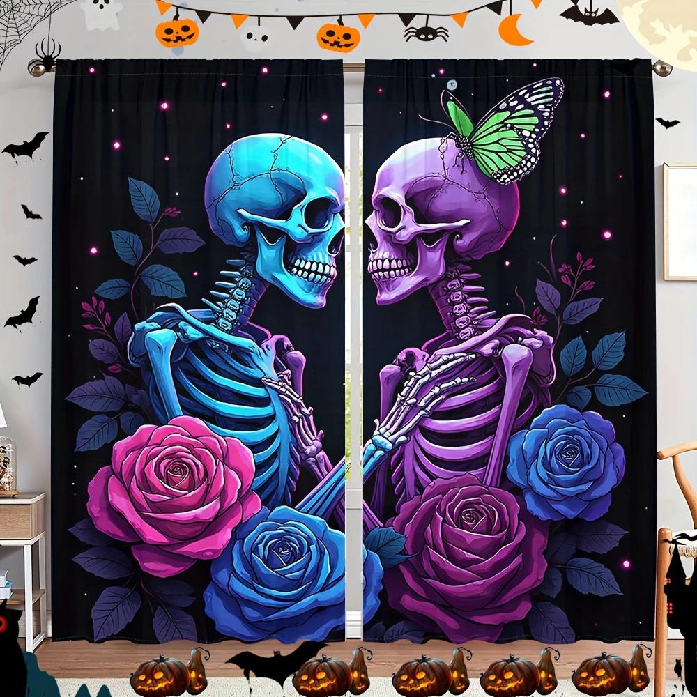 2 ST- Halloween Gotiska skelett Ros tryckta gardiner, stångficka heminredning, rumsdekorationer