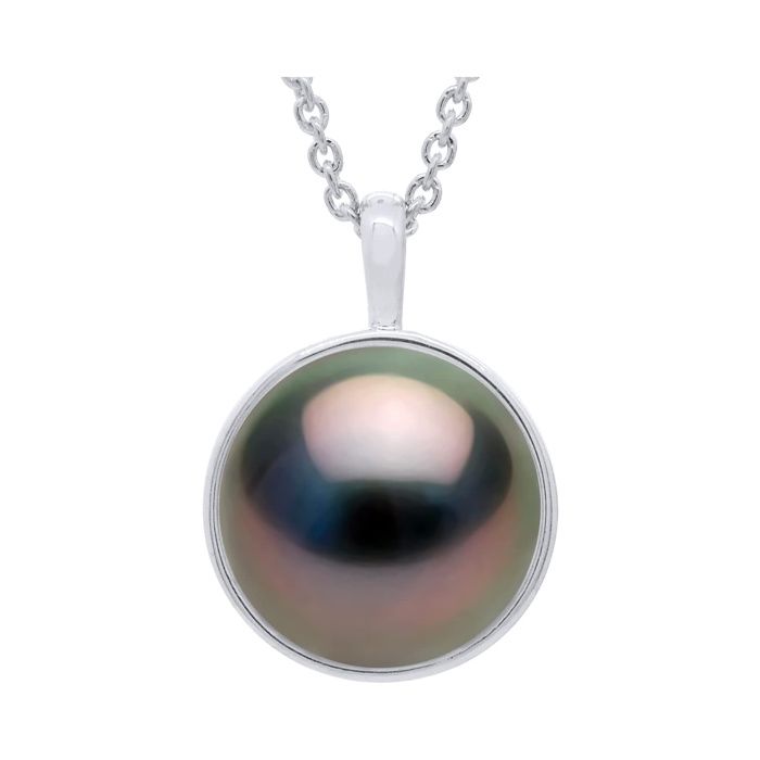 Collier - PEARLS & COLORS - Collier avec pendentif - Perle de Tahiti 10-11 mm ronde - Or blanc 9 ct - Chaîne 42 cm