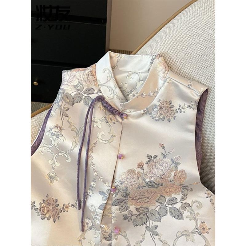 Retro button jacquard stand-up collar vest women's spring improved sleeveless vest top