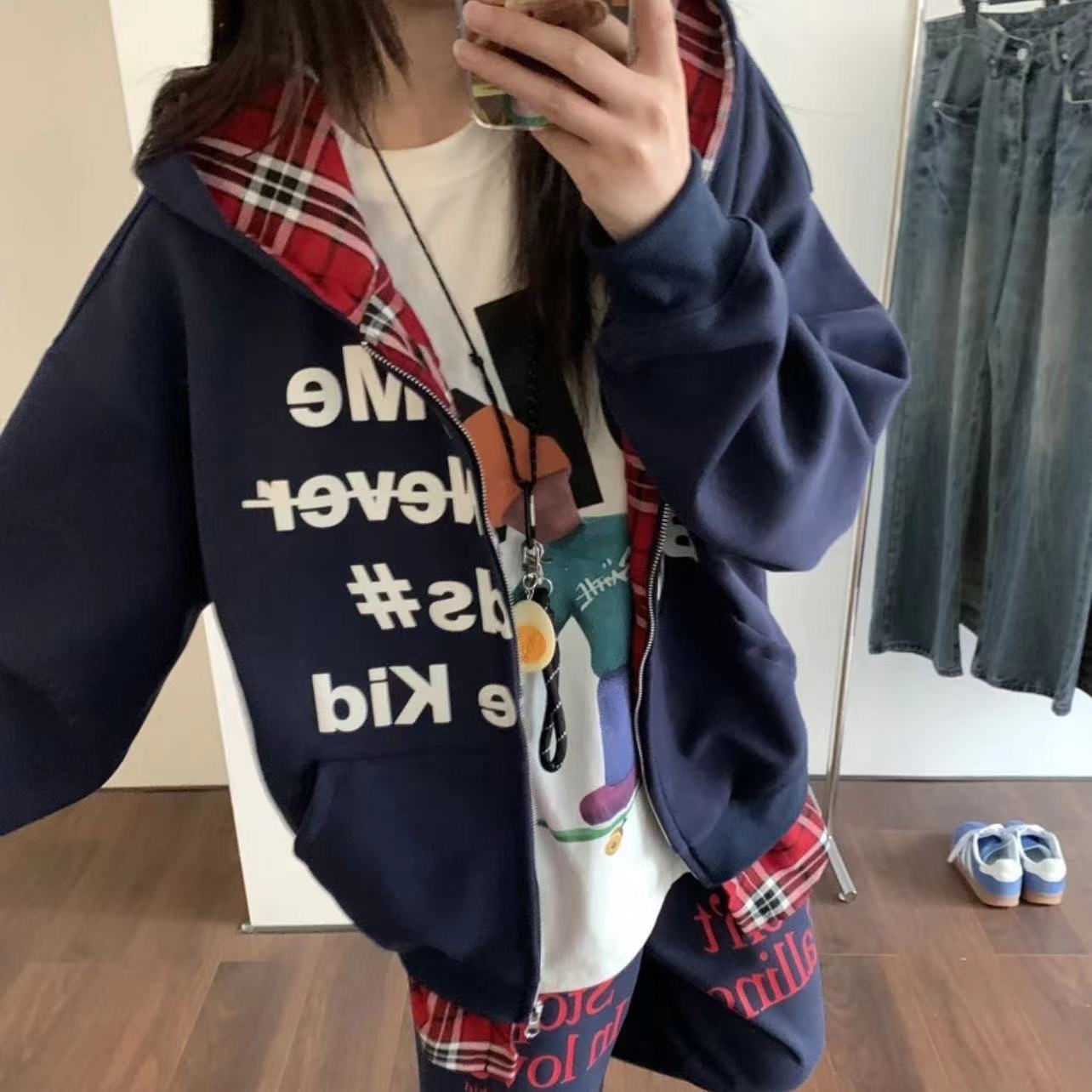 

Тяжелый американский High Street Fake двухсекционный кардиган в клетку с капюшоном свободная толстовка женская куртка пара свободная толстовка с капюшоном 2XL темно-синий