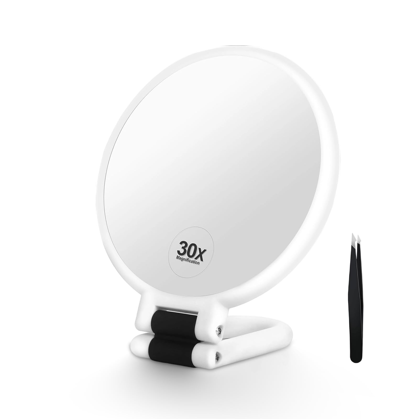 

NKLWEN Folding Makeup Mirror with 30x Includes Tweezers and Travel Circular White Magnification, Tabletop/Hanging/Handheld, 3-Way, Handle, Mirror, белый